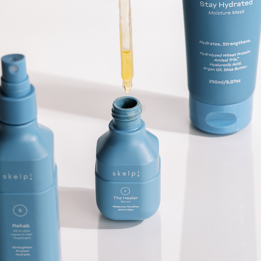 range of skelp scalp products to Smooth, frizz-free hair displayed on white backdrop