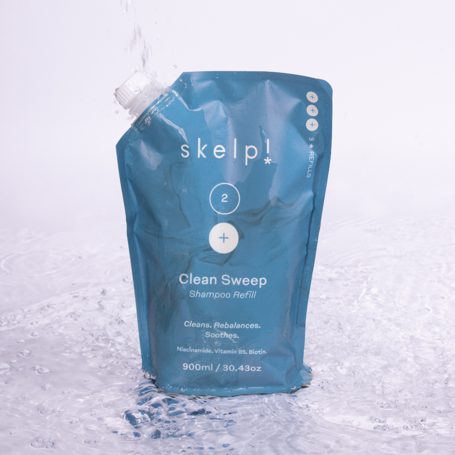 skelp refillable shampoo pouch in water, highlighting eco-conscious packaging