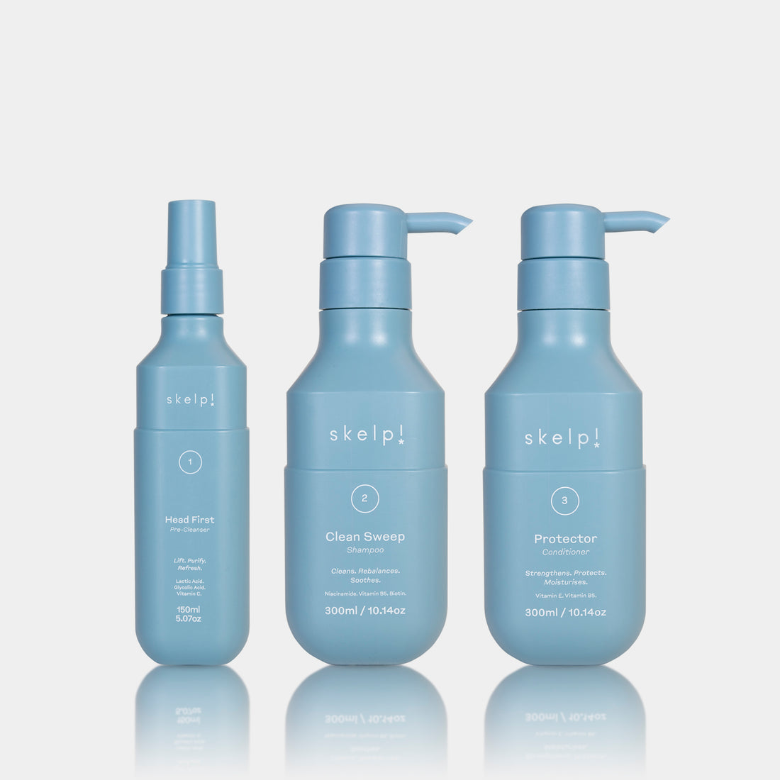 skelp Trifecta Bundle range shot. Pre-Cleanser, shampoo &amp; conditioner 