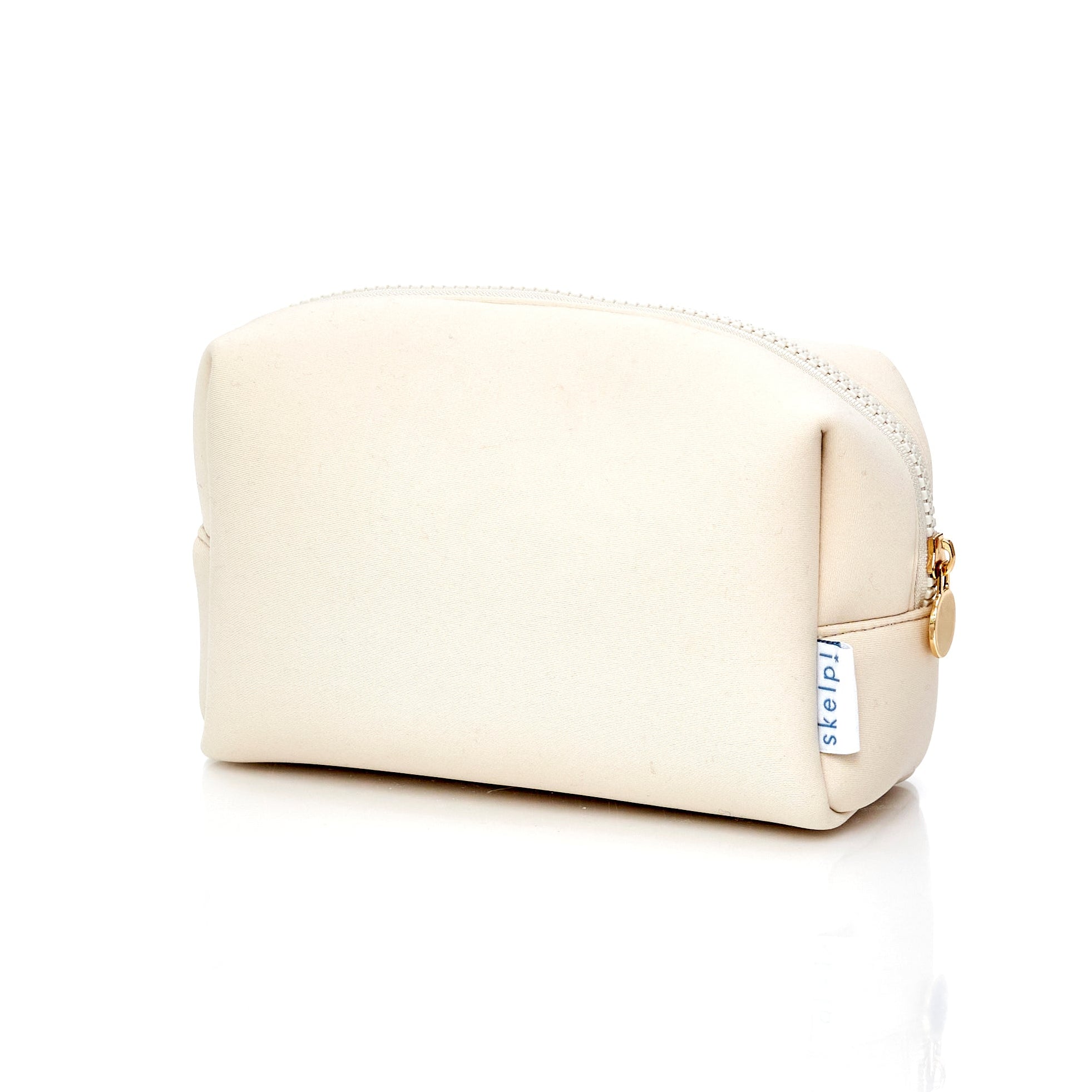 Cream Neoprene Cosmetic Bag with Gold Zip. Front View