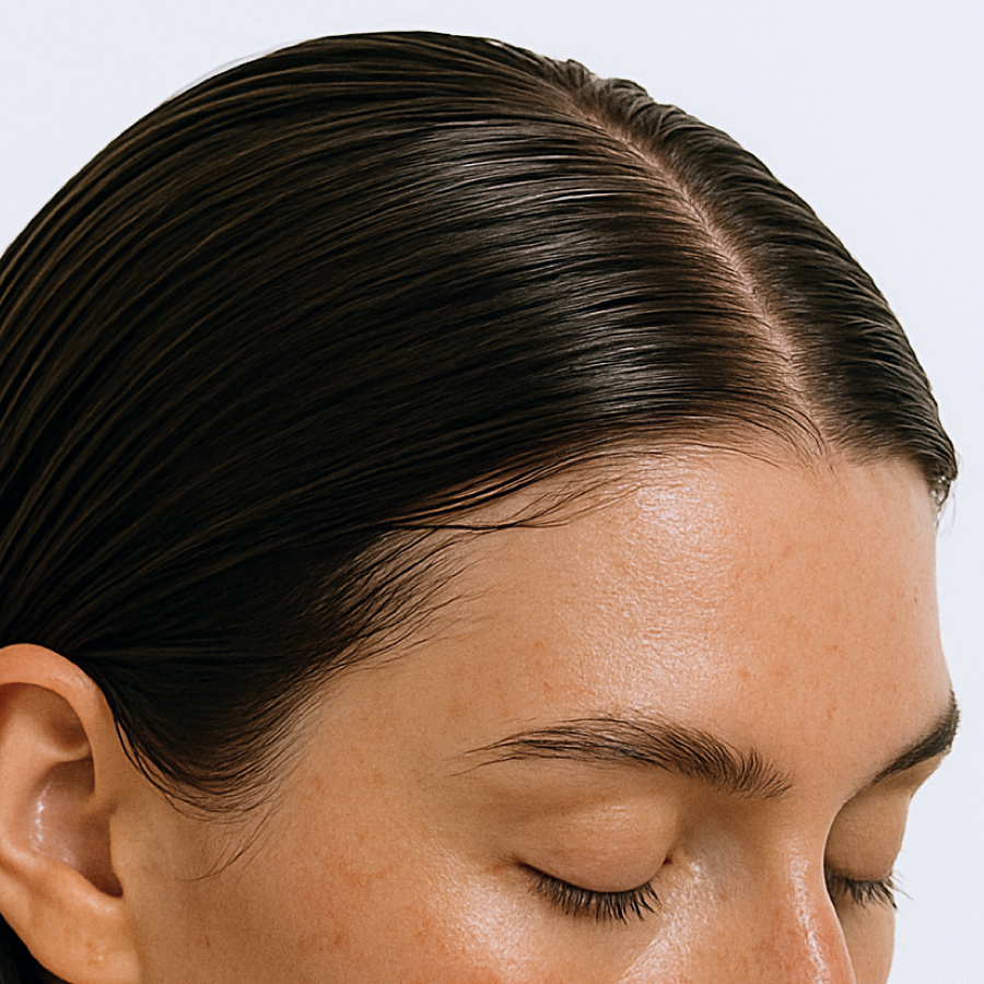 Close-up of a person with wet hair with healthy scalp