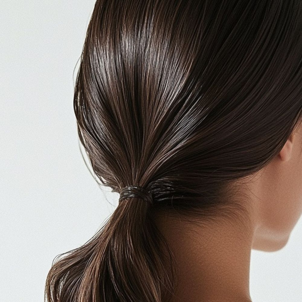 Close-up of a person with a ponytail on a light background.