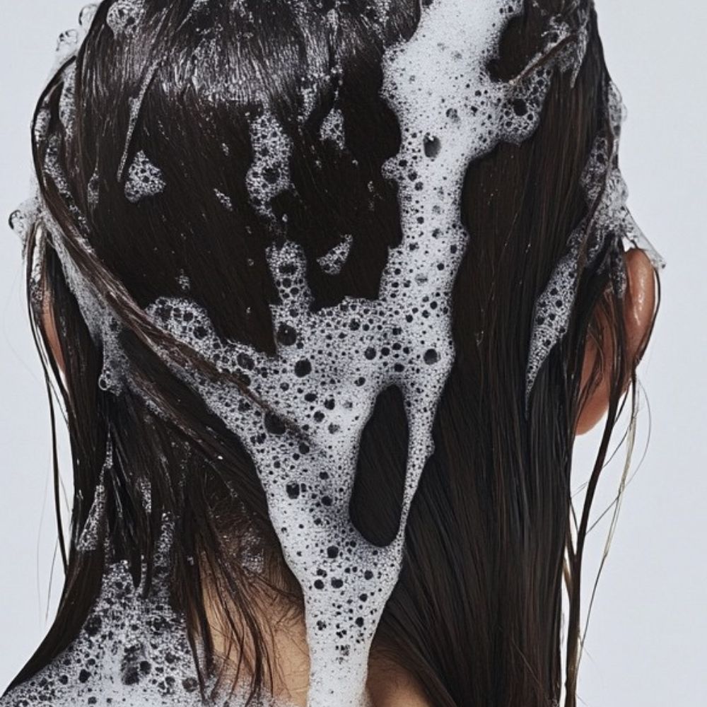 Person with soapy hair on a white background