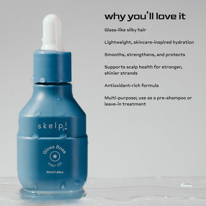 Skelp Gloss Boss Hair Oil on a gray background with water droplets. Text reads ‘Why You’ll Love It’ and lists the product’s benefits, including smooth, shiny, and nourished hair.