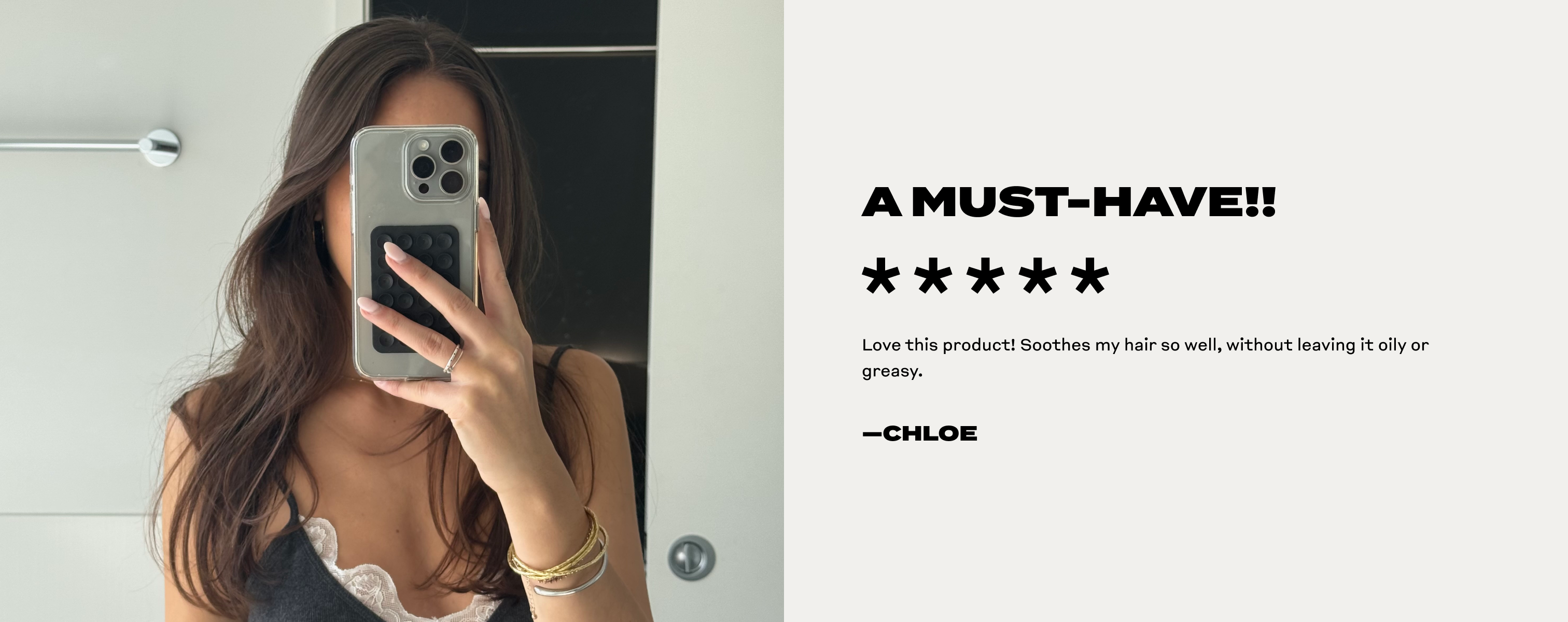 Before and after of a model’s hair using Skelp Gloss Boss Hair Oil, showing smoother, shinier strands. Her review beside the image says: ‘Must Have'.