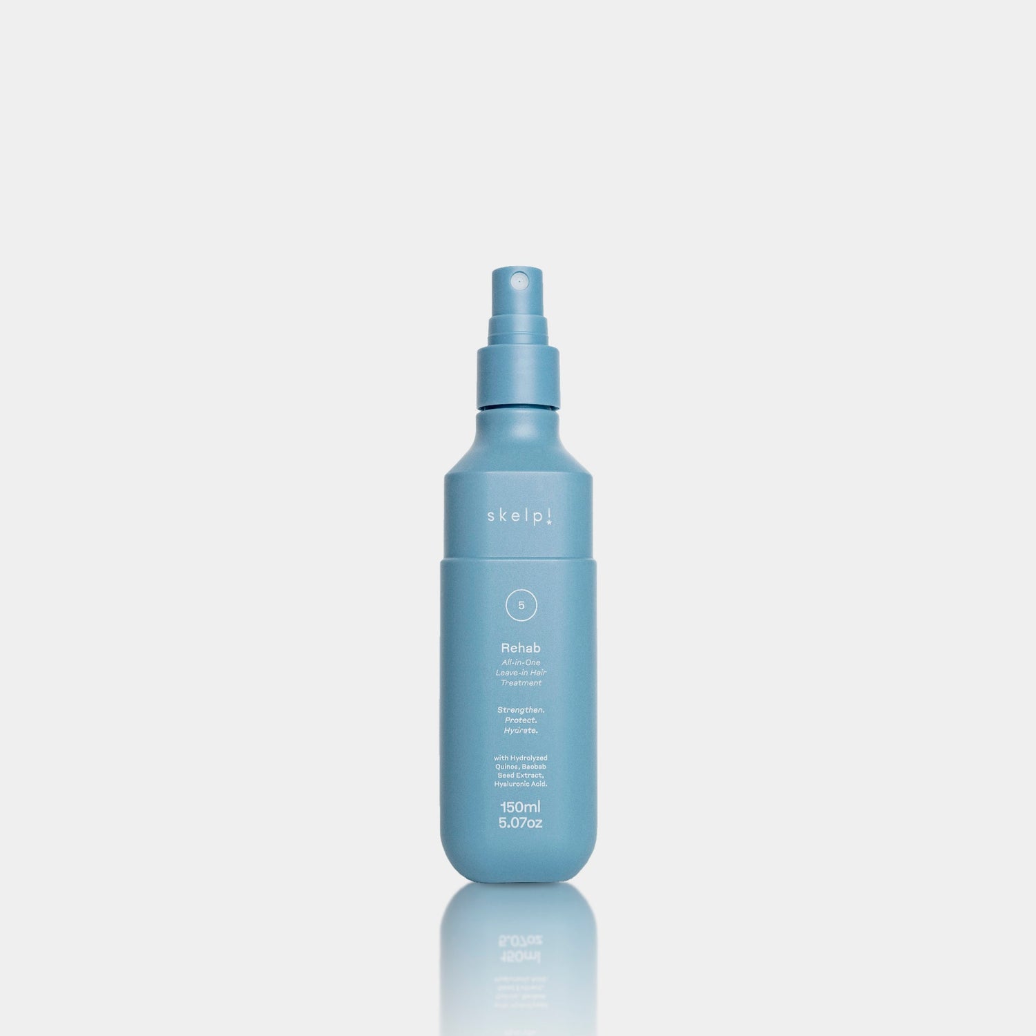 A blue spray bottle of REHAB ALL-IN-ONE LEAVE-IN HAIR TREATMENT SPRAY on a white background.