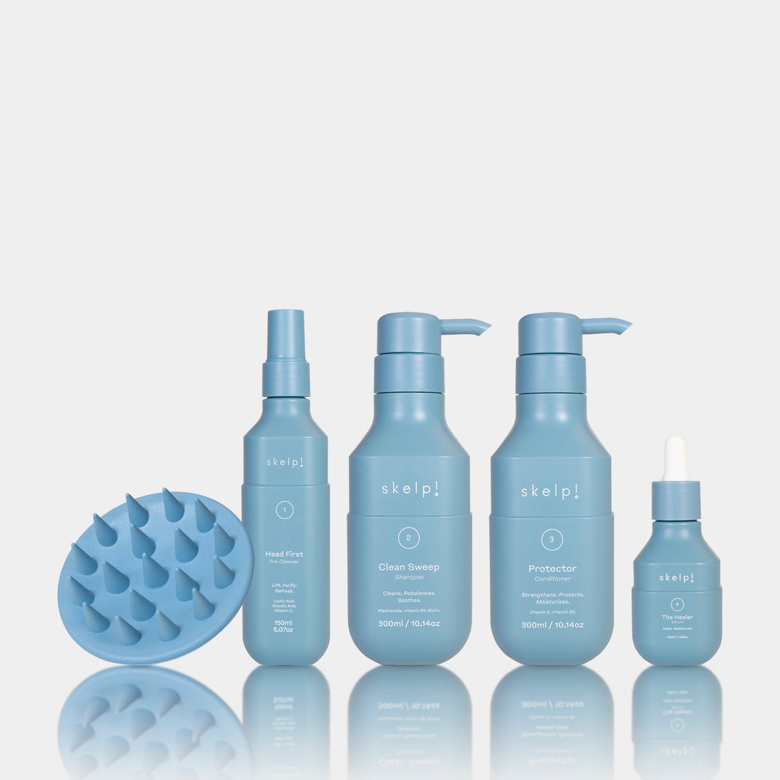 Full range of skelp! scalp care products. Shampoo. Conditioner. Scalp Brush. Serum. Pre Cleanser.