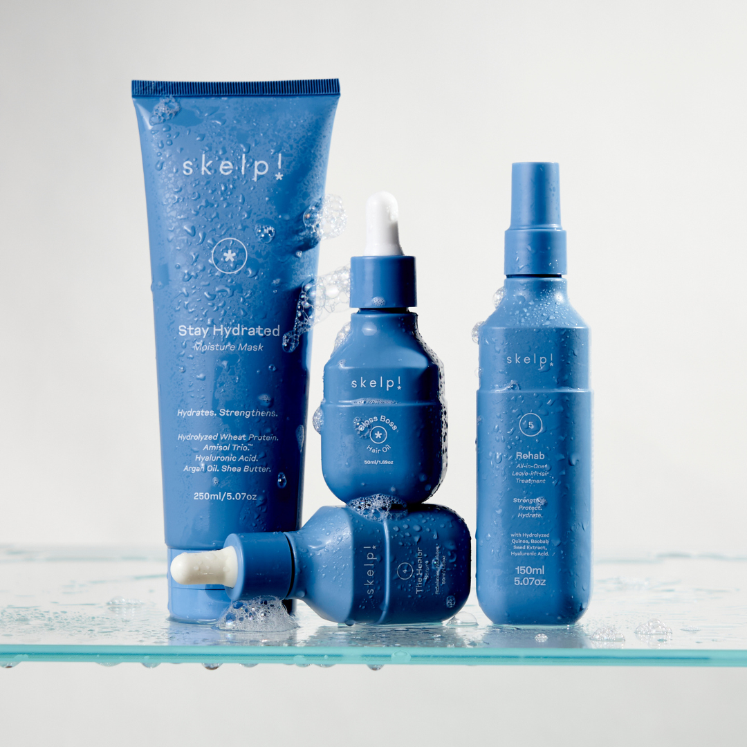 Skelp skincare products including a tube, bottles, and a dropper on a light background